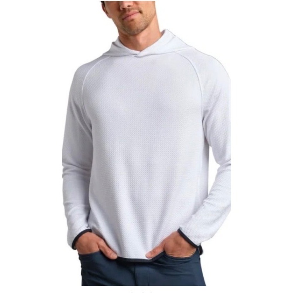 Rhone brand white LS hoodie subtle textured waffle-knit blk hem piping XL NWT